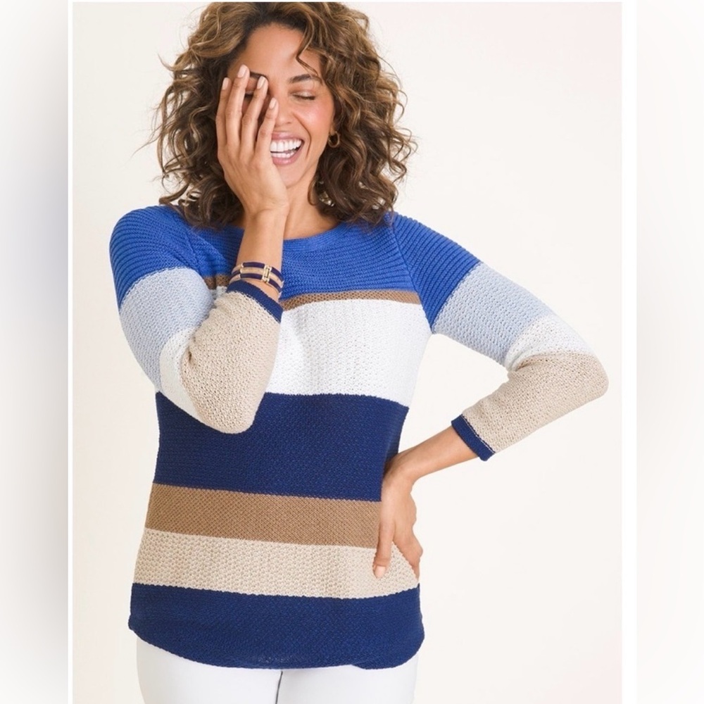 1 Chico’s Blue Beigh
White Colorblock... Striped Blue Tan Sweater